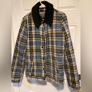 ASOS men’s plaid jacket, blue, and yellow. Corduroy with black faux fur hood